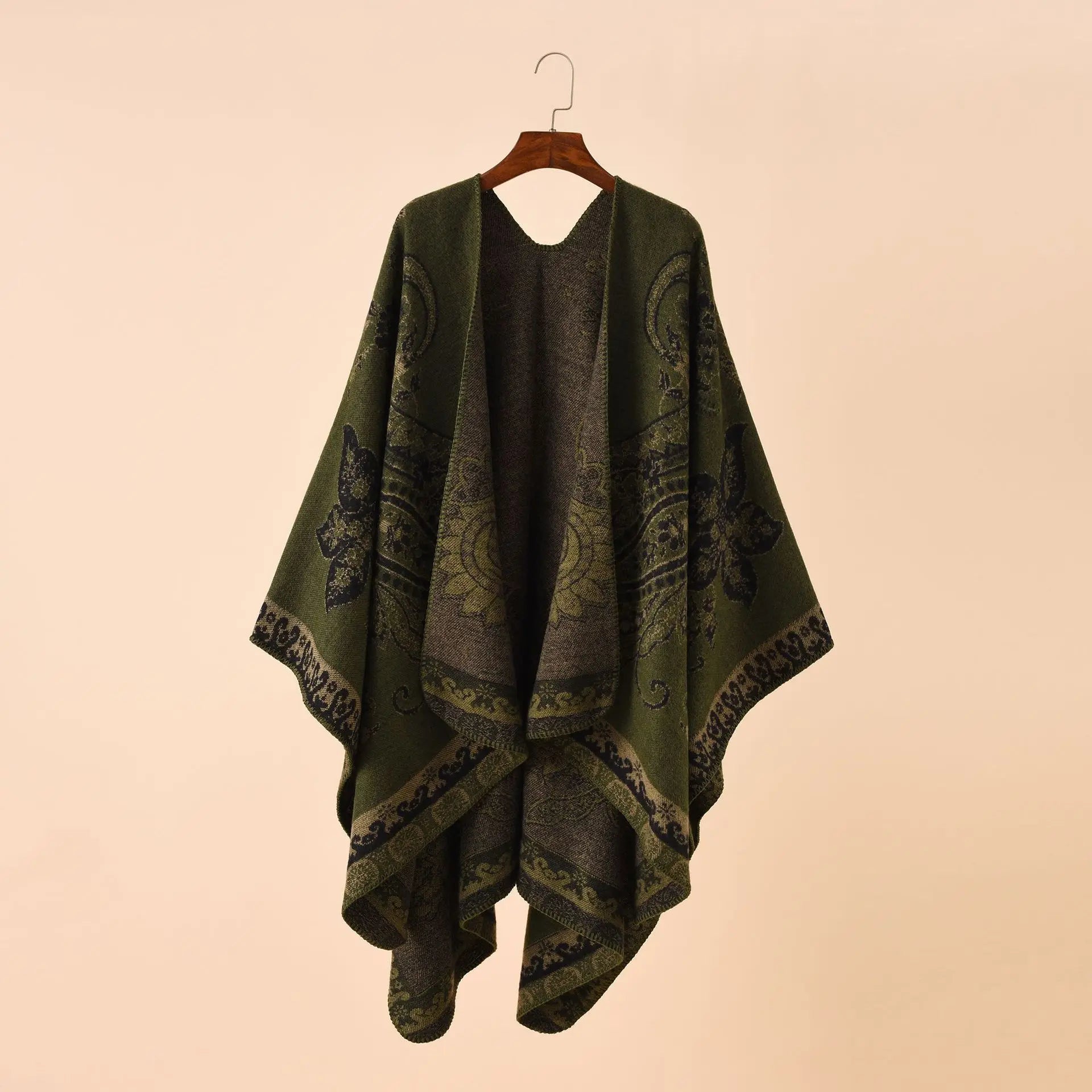 2025 Autumn Winter New Street Geometric Lattice Flower Pattern Imitation Cashmere Warm Shawl Cloak Women Poncho Capes Red
