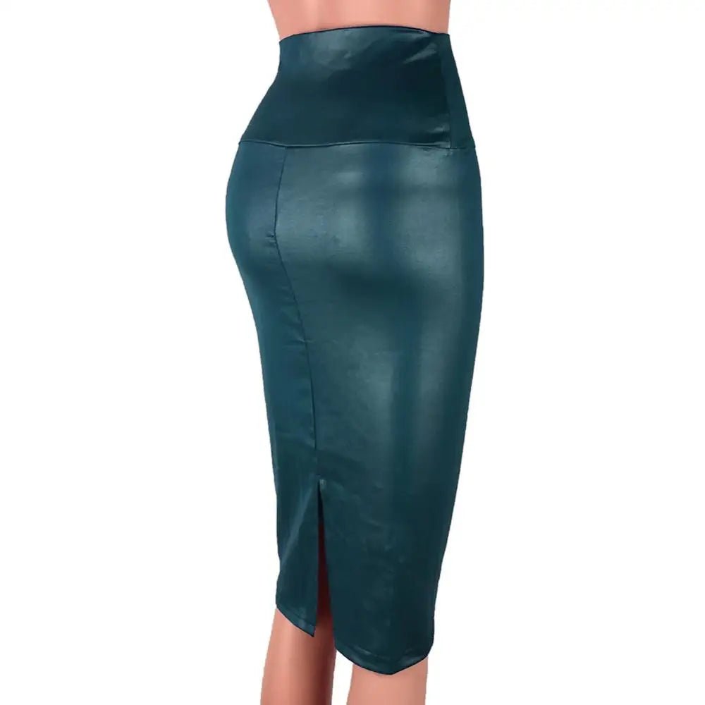 Fashion Elegant High Waist Split Faux Leather Skirt Women Knee Length Bodycon Pencil Skirt