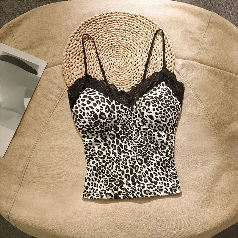 Leopard Lace Patchwork Sexy Camis Summer Y2k Beach Style Elegant Bodycon Korean Fashion Clothing 2000s American Vintage Tanks