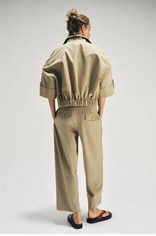 Short A-Line Windbreaker with Cuffed Sleeves Double-Breasted Closure Back Elastic Band Detail Polyester Cotton Blend ...