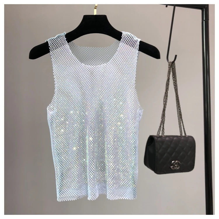 Débardeur brillant avec perles de cristal, Club de fête, Sexy, ajouré, diamants estampage, Camis Winky, gilet sans manches