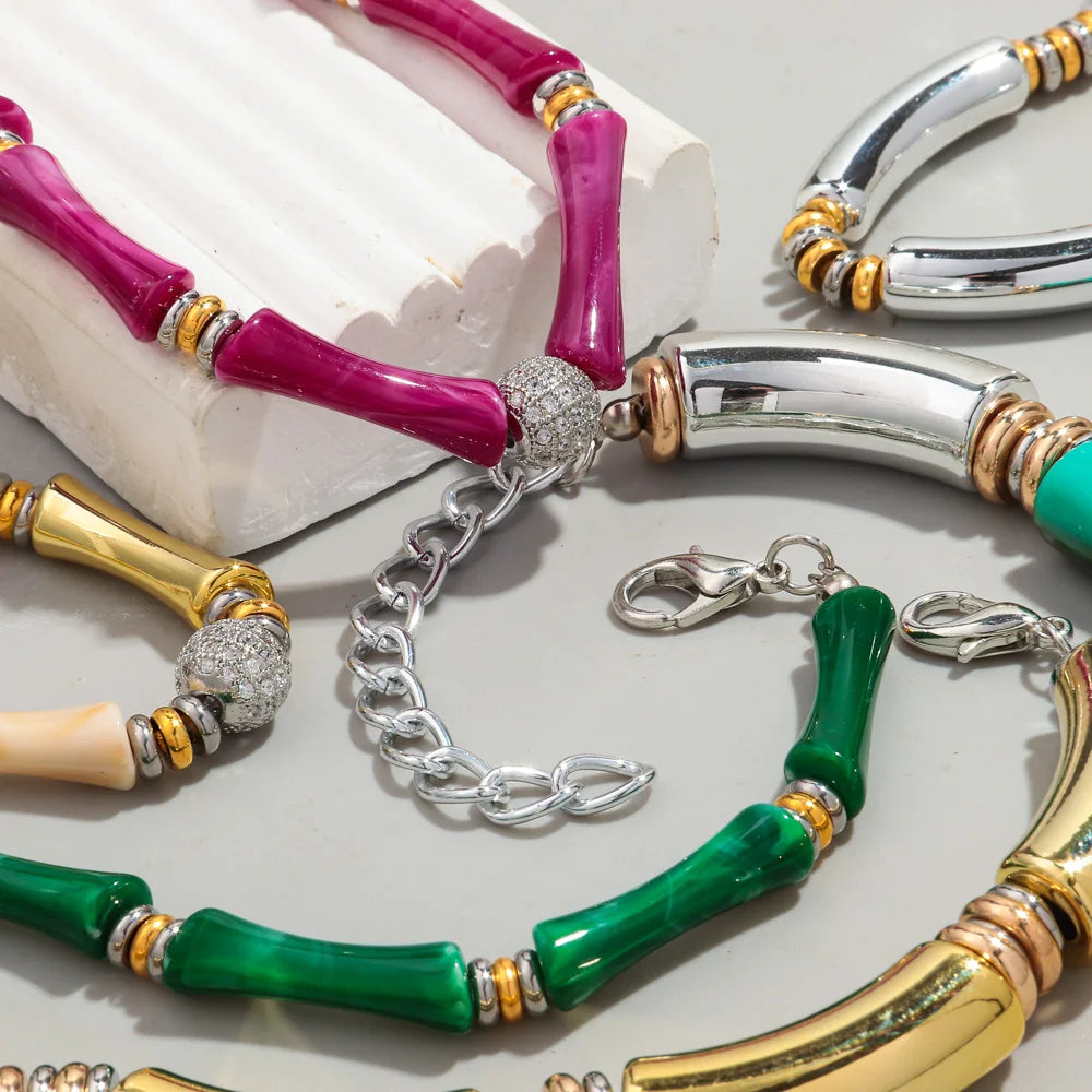 Boho Acrylic Bamboo Curved Tube Stackable Necklaces Bracelet for Women Men HipHop Resin Elbow Beads Choker Necklace 2024 Jewelry