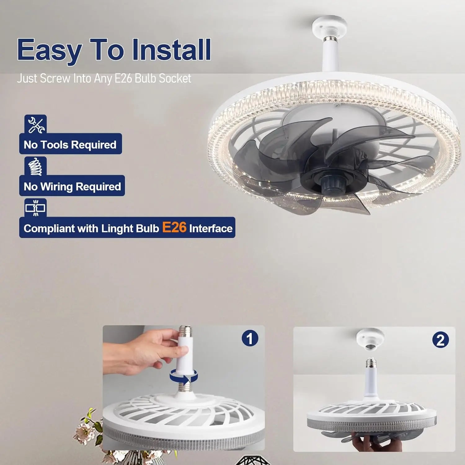Ventilateur Plafonnier LED avec Télécommande E27 – 4 Vitesses, 360° | Cuisine & Maison
