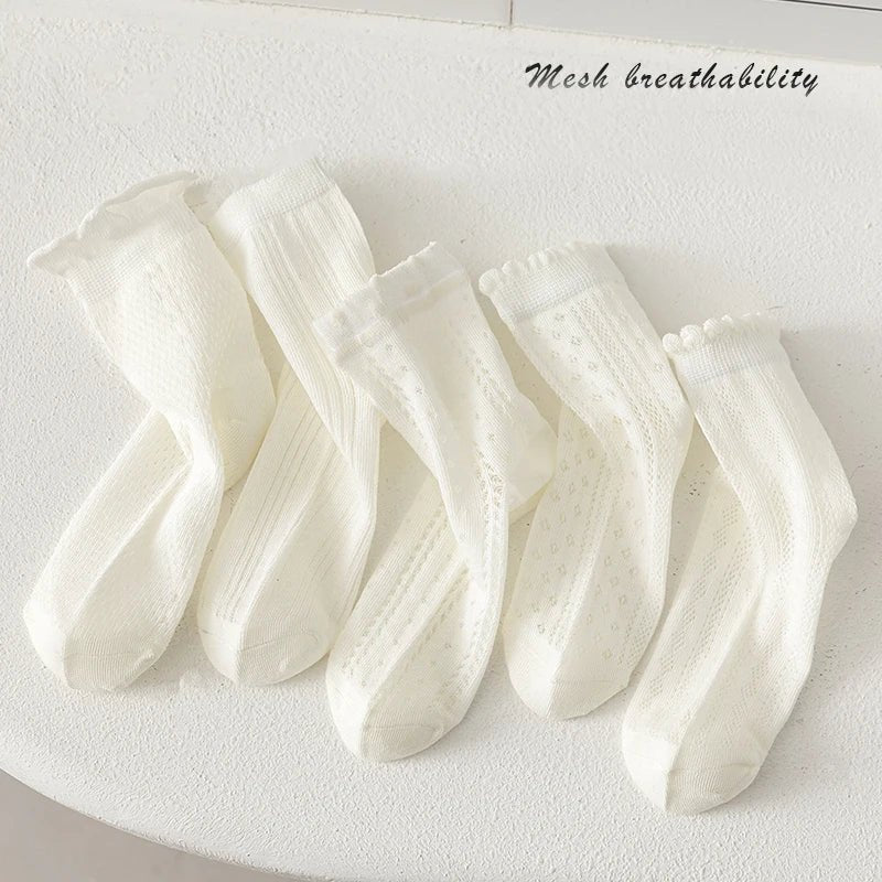 5 Pairs Color Solid Mesh Children Gils Mid-calf Socks Concise Trendy Casual Breathable Cotton Combed Cozy Soft Elastic Kids Sock