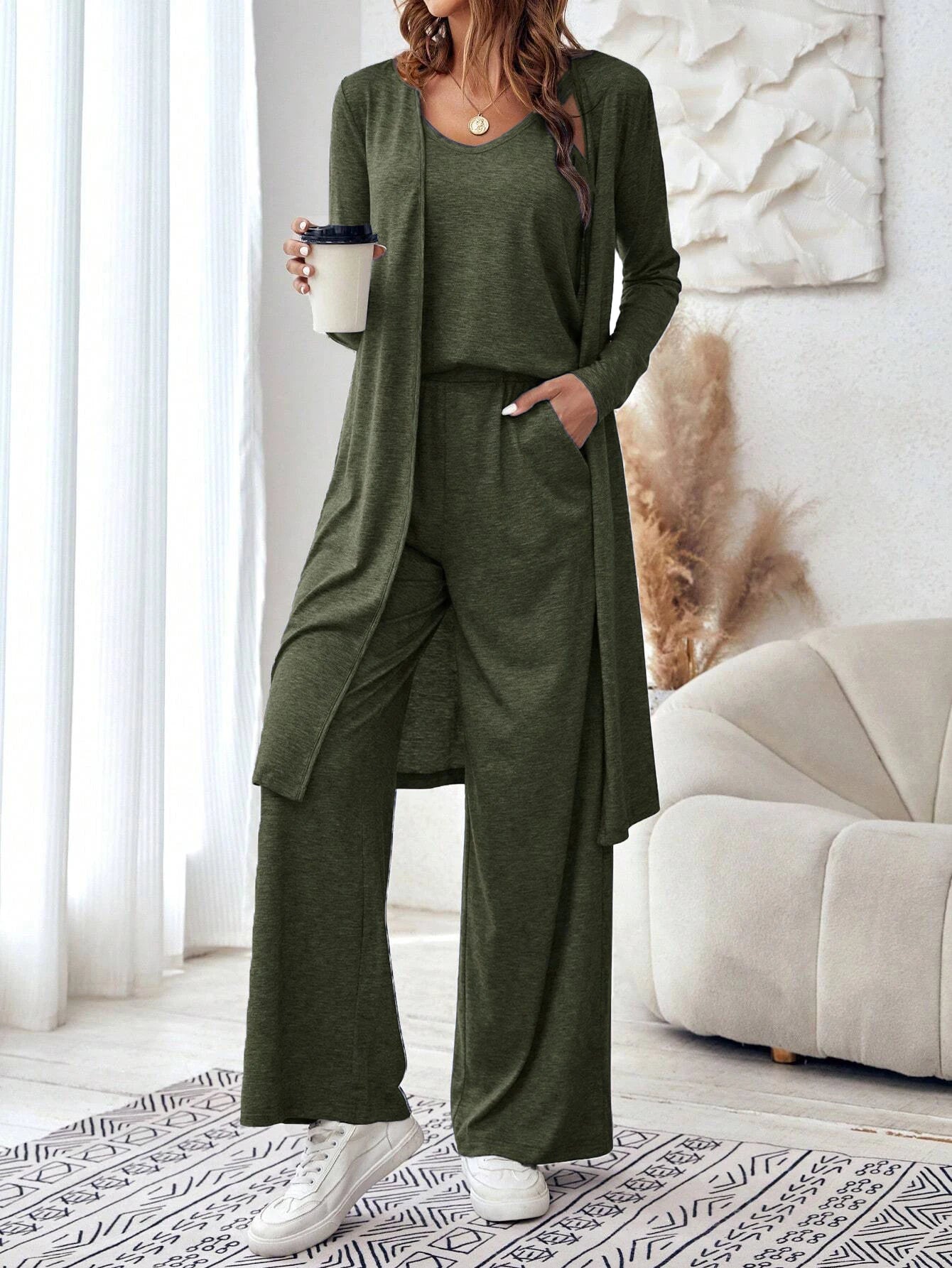 Cardigan ample à col en V et pantalon à jambe droite pour femmes, gilet décontracté, ensemble de 3 pièces, nouvelle mode, automne