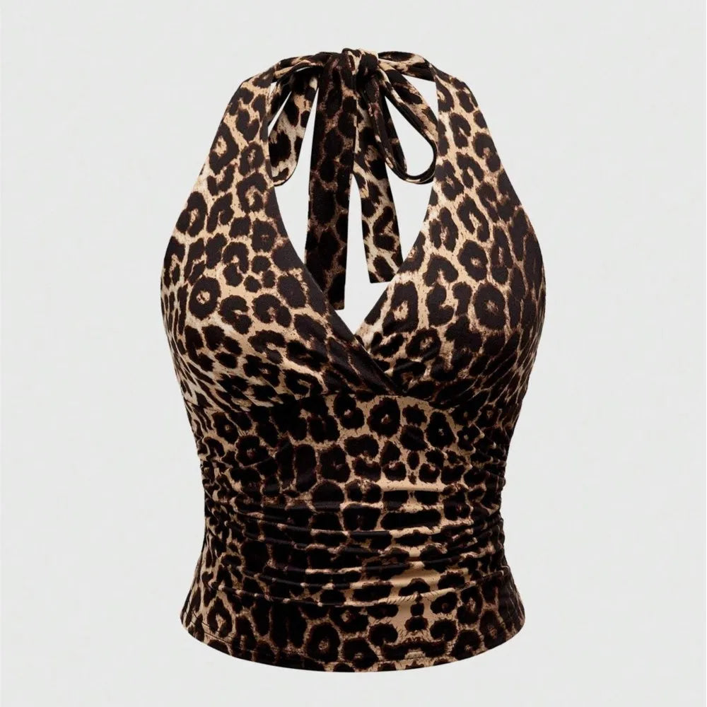 Top sans manches décontracté pour femmes, imprimé léopard rétro, dos nu, col halter, sexy, dos nu, à lacets, Ropa Para Mujer
