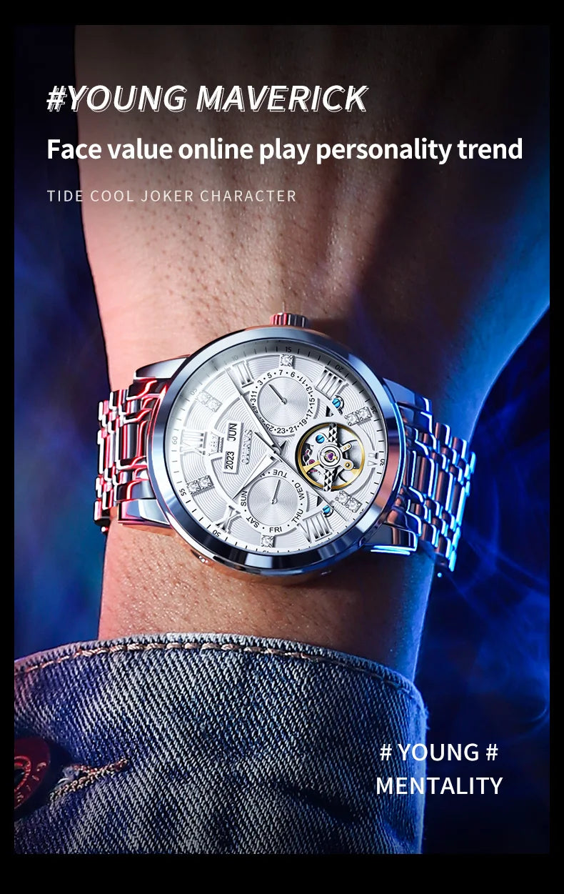 OLEVS montres pour hommes Skeketon volant automatique mécanique montre-bracelet originale pour homme étanche lumineux calendrier perpétuel