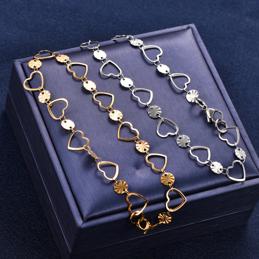 Cute Round Embossed Stainless Steel Heart Bracelet Link Hand Chain for Women Girl Wristband Bangle Anklets Metal Summer Jewelry