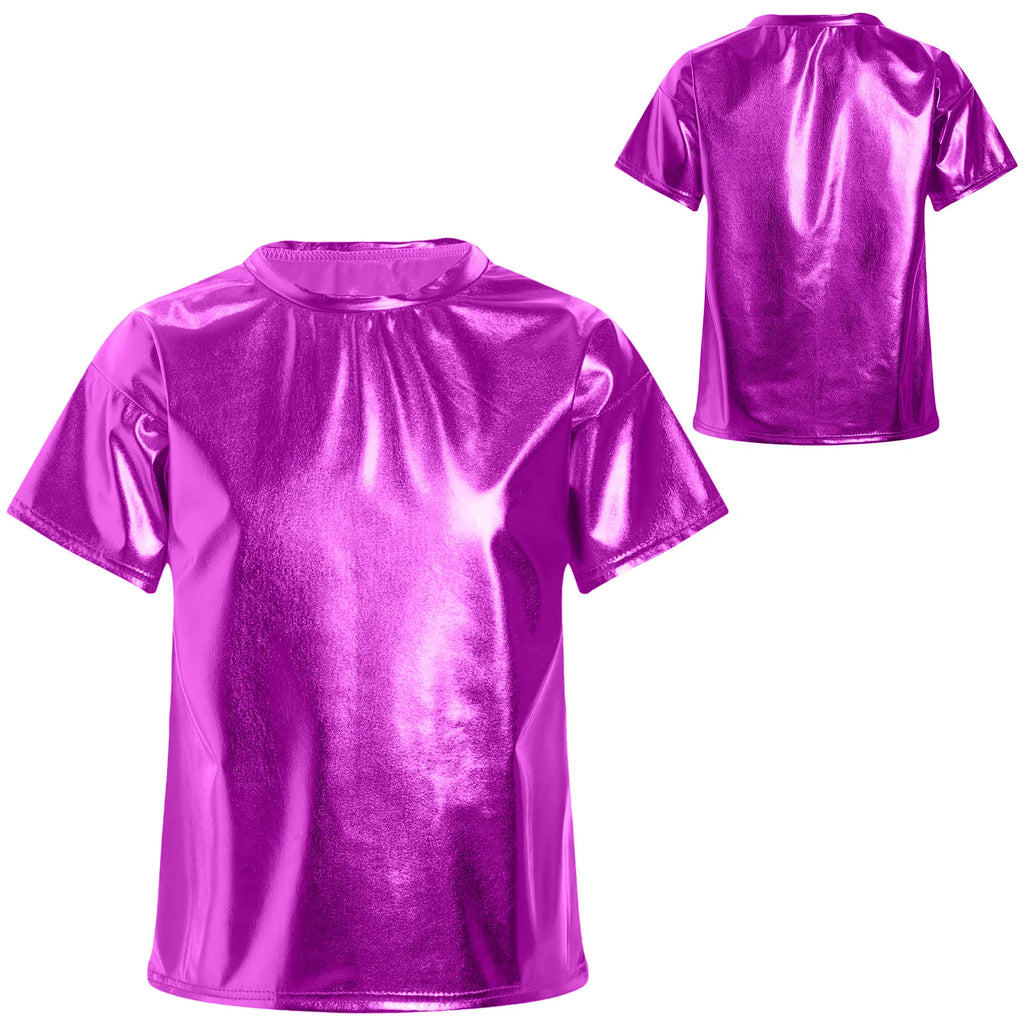 Children T-Shirt Shiny Metallic Short Sleeve Clothes Girl Boys Kids T-Shirt Hip Hop Jazz Dance Costume Top Performance Dancewear