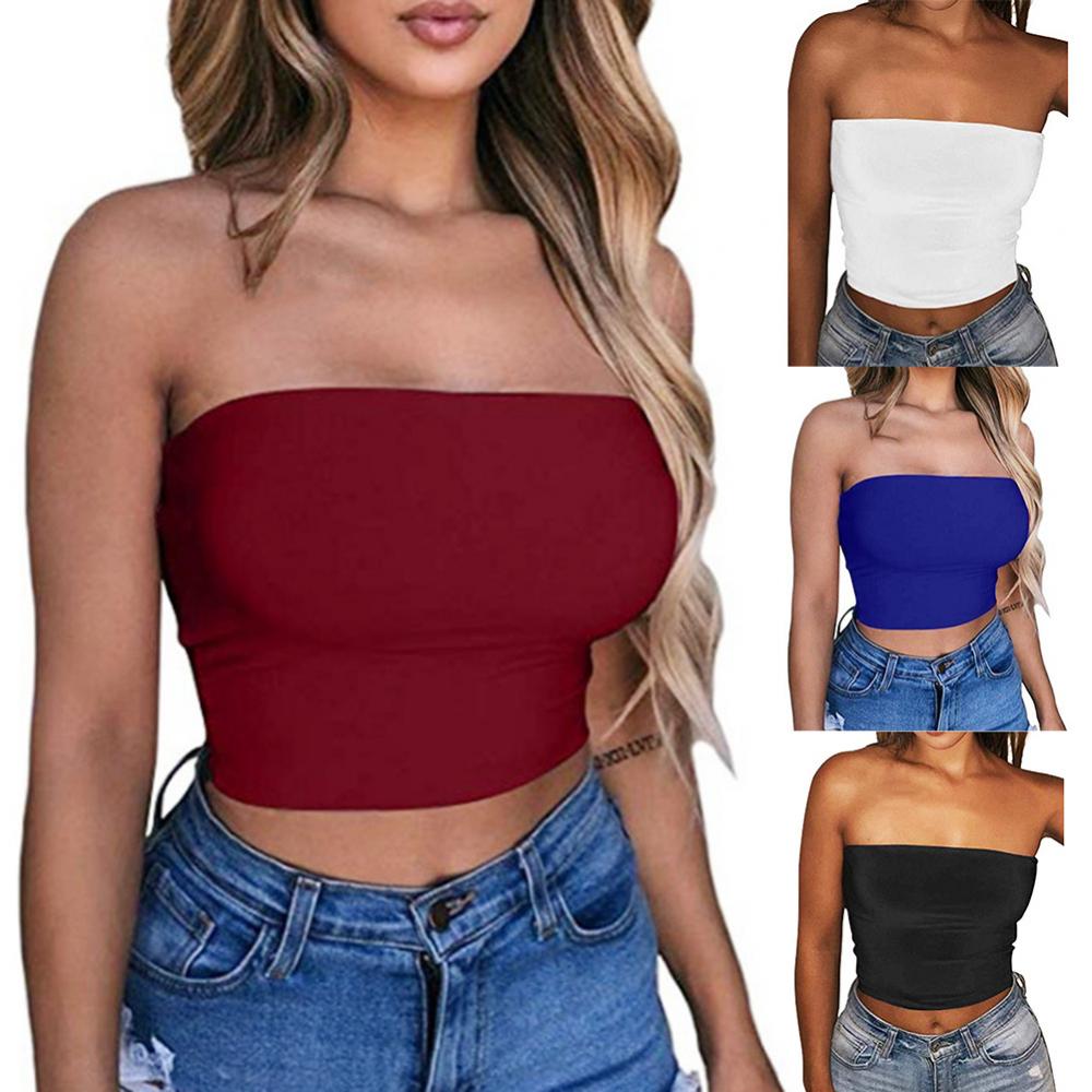 Club Bar Women Sexy Solid Color Vest Strapless Cropped Mini Bustier Slim Elastic Tube Top