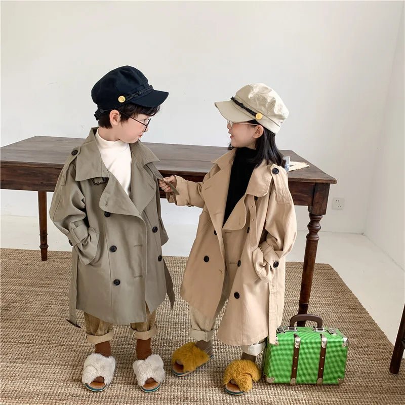 2025 Spring Children's Trench Coat Jacket Long Trench Coat Lapel