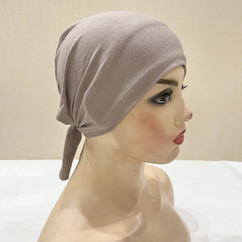 H048 Plain Cotton tie back hats Muslim Turban Pure Color Stretch Inner Hijabs underscarf Women Head Scarf Under Hijab Bonnet