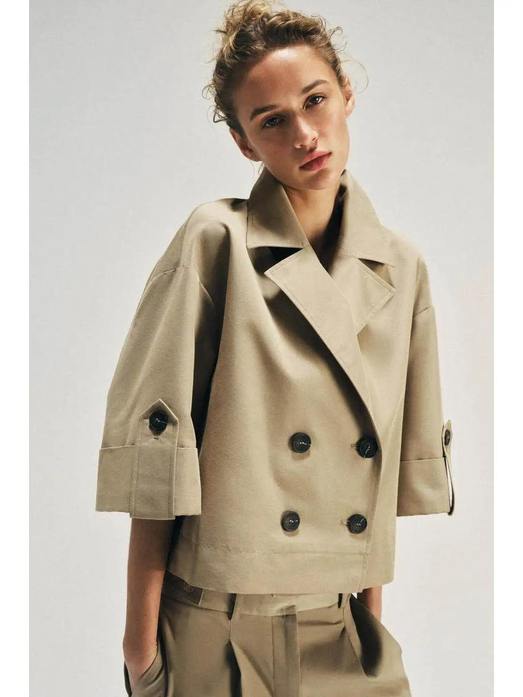 Short A-Line Windbreaker with Cuffed Sleeves Double-Breasted Closure Back Elastic Band Detail Polyester Cotton Blend ...