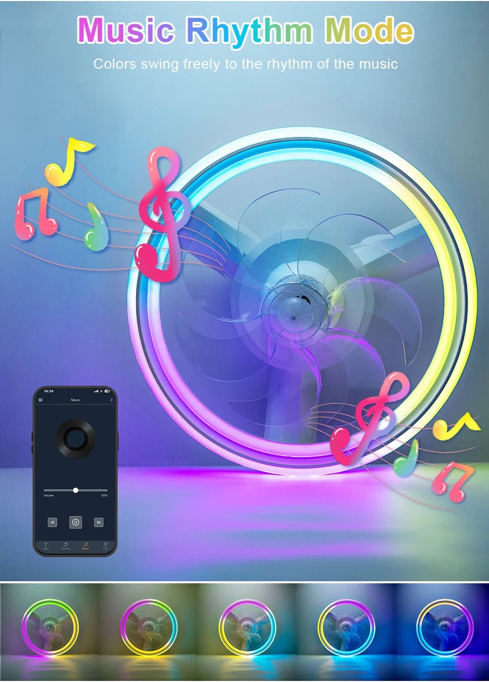 Ventilateur Plafonnier LED RGB 7 Pales – Bluetooth, Télécommande & Musique | BENEWTON