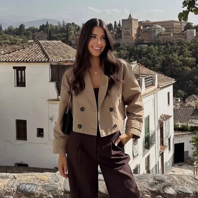 Women's Fashion Double Breasted Short Trench Coat Turn-down Collar Long Sleeve Coats Vintage Female Outerwear Chic Tops