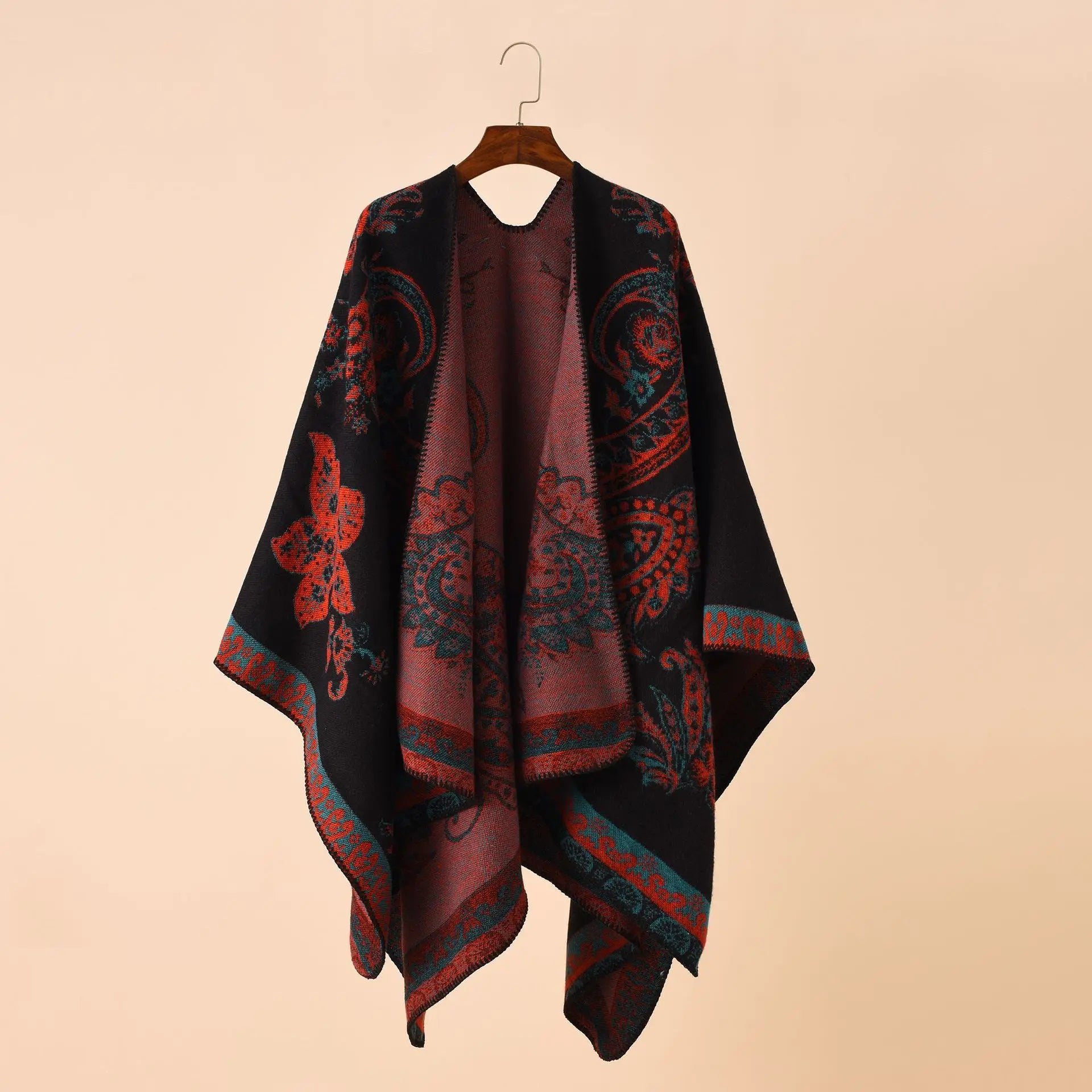 2025 Autumn Winter New Street Geometric Lattice Flower Pattern Imitation Cashmere Warm Shawl Cloak Women Poncho Capes Red