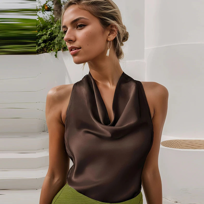 HXAO haut femmes licou Satin haut pour femme dos nu haut Corset gilet jaune rose noir été élégant Sexy hauts débardeur robes