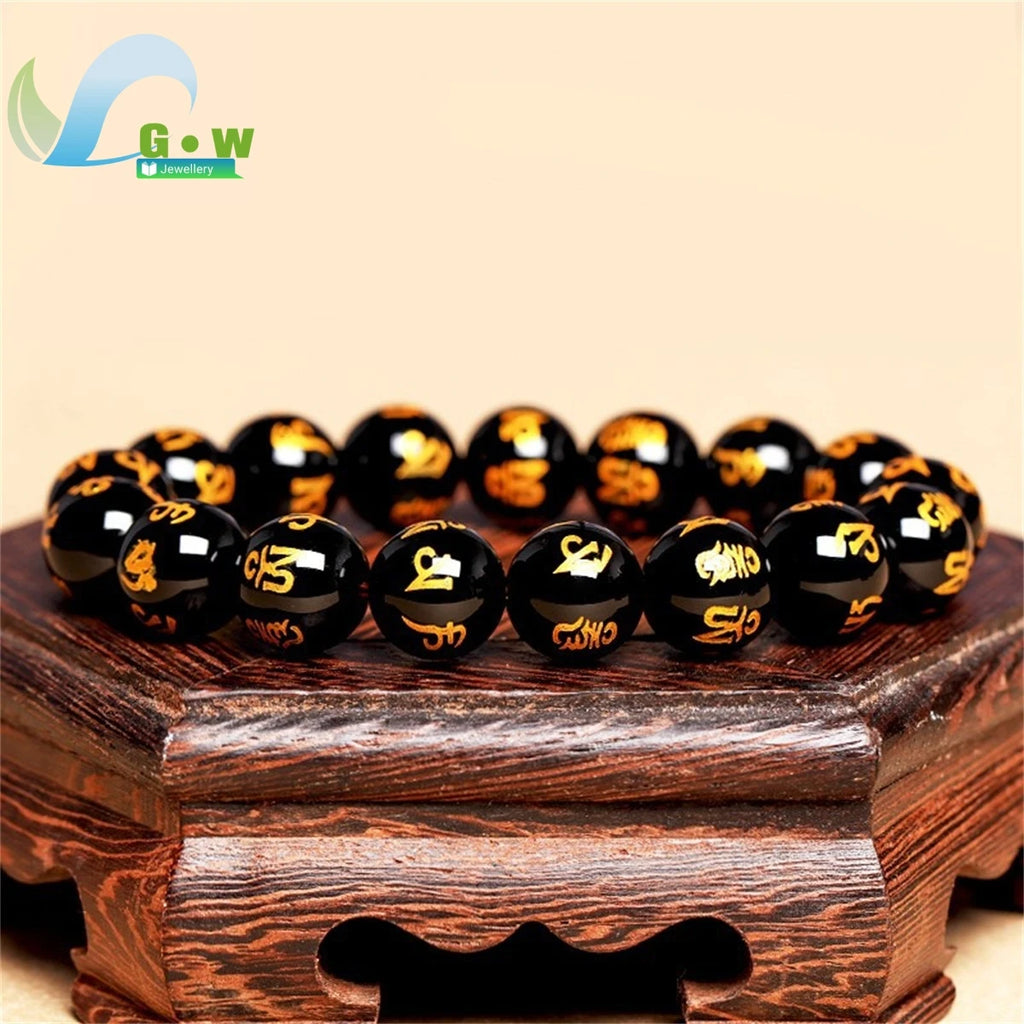 Lucky Natural Black Jade Carved Six-Character Motto Obsidian Transfer Bracelet For Men Women Gift Couple Bracelet Jewelry Gift