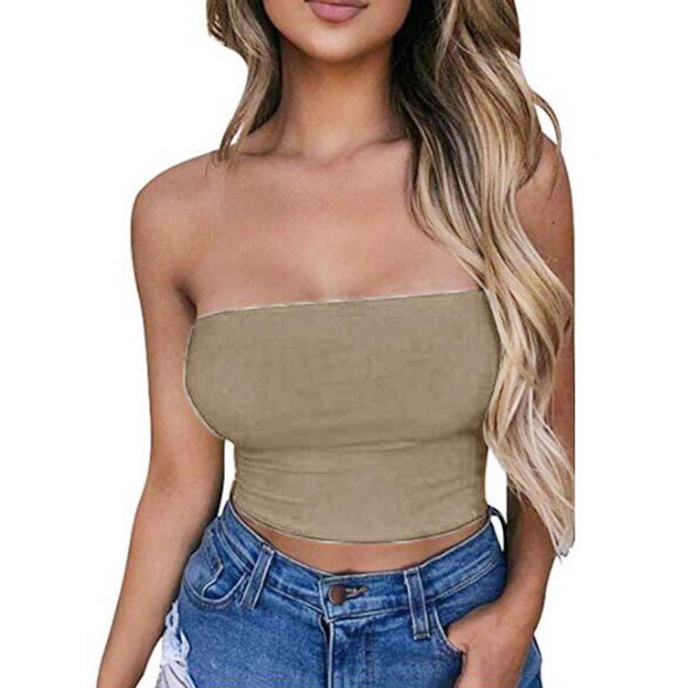 Club Bar Women Sexy Solid Color Vest Strapless Cropped Mini Bustier Slim Elastic Tube Top
