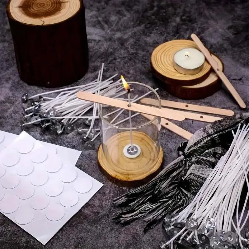 Candle Making Kit: 50x Braided Wicks, 100x Candle Wick Stickers & 5x Wooden Candle Wick Holders for Soy And Beeswax Candles