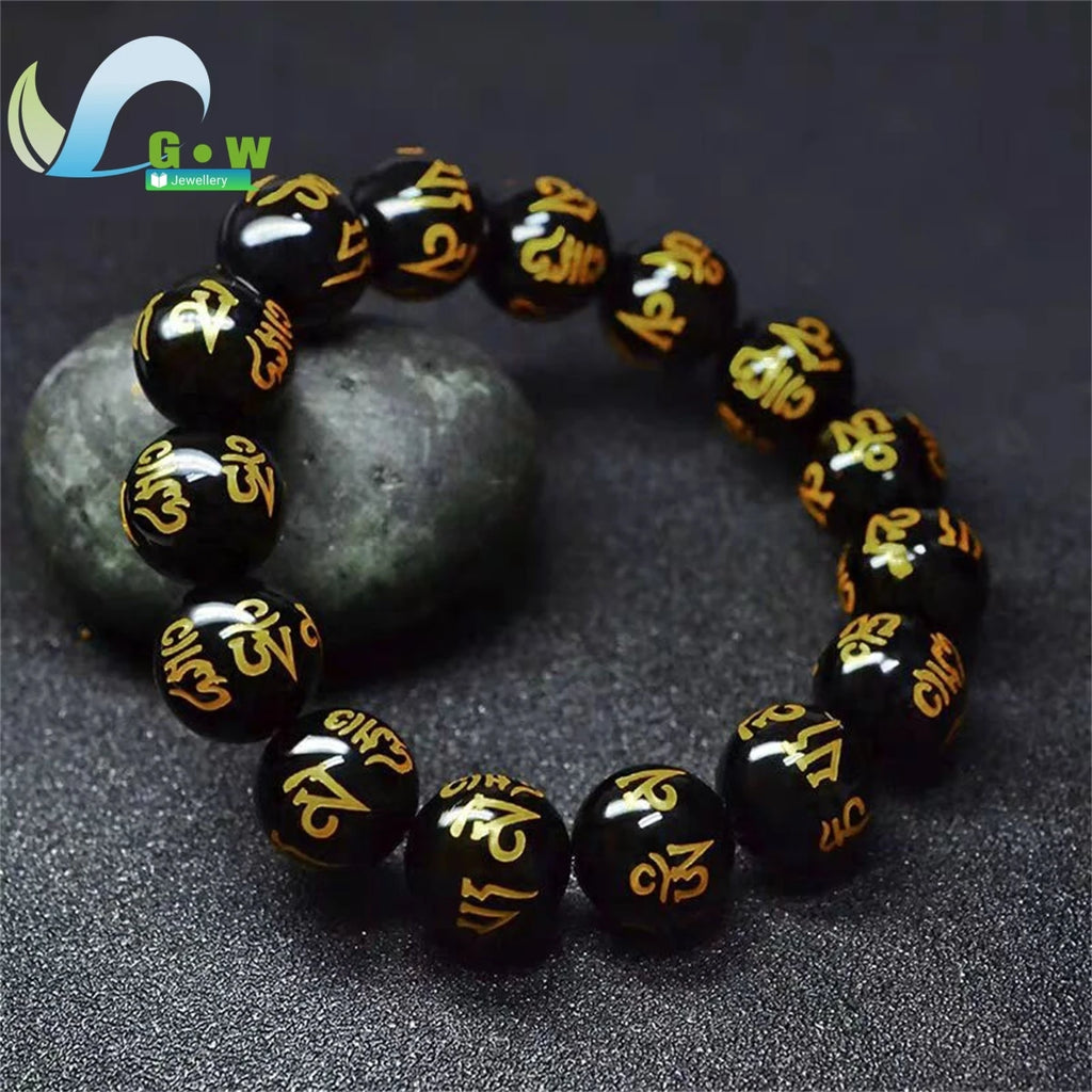 Lucky Natural Black Jade Carved Six-Character Motto Obsidian Transfer Bracelet For Men Women Gift Couple Bracelet Jewelry Gift