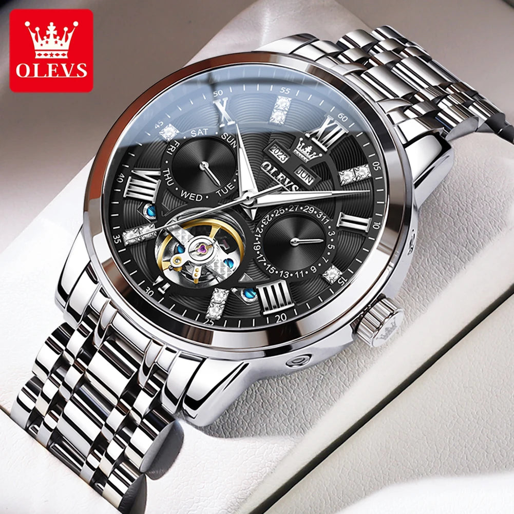 OLEVS montres pour hommes Skeketon volant automatique mécanique montre-bracelet originale pour homme étanche lumineux calendrier perpétuel