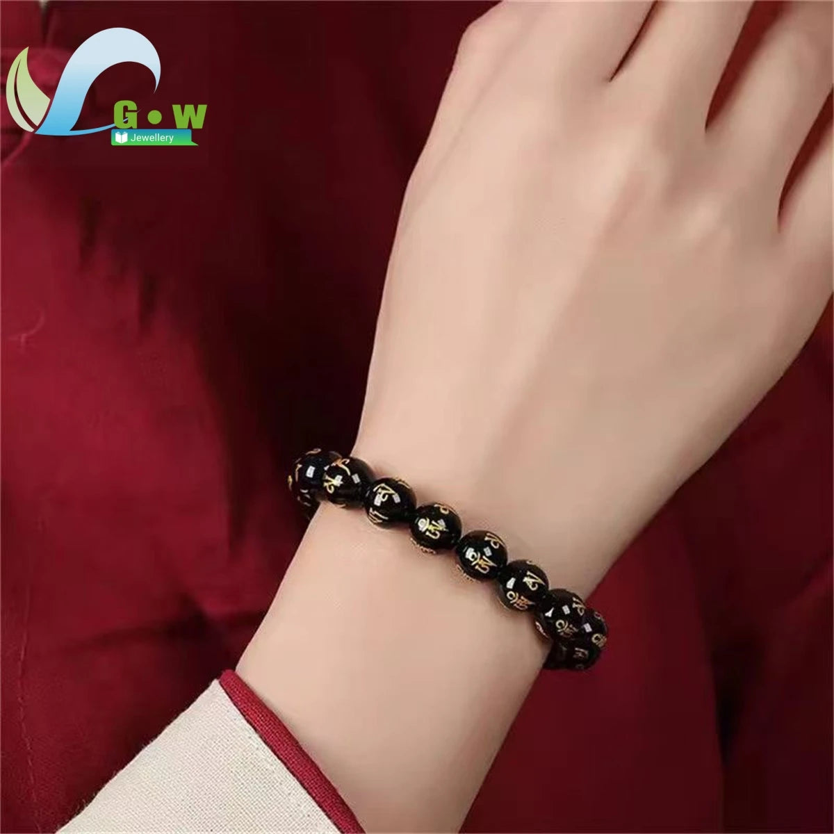Lucky Natural Black Jade Carved Six-Character Motto Obsidian Transfer Bracelet For Men Women Gift Couple Bracelet Jewelry Gift