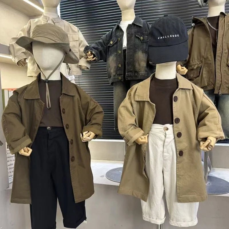 Spring Fall New Boys Girls Solid Color Casual Trench Coat Children Fashion Mid-Length Windbreaker Kids Single Breasted Clothes