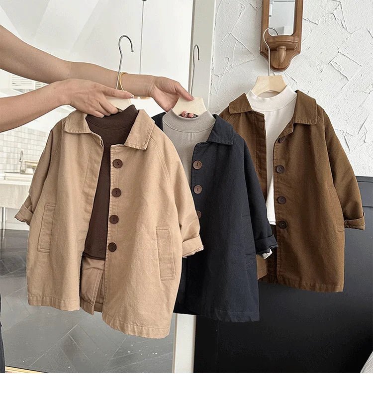 Kids Boys Girls Thin Jacket Coats 2025 New Arrival Children Csual Long Windbreaker Apricot Coffee Navy Spring Autumn Cotton Tops