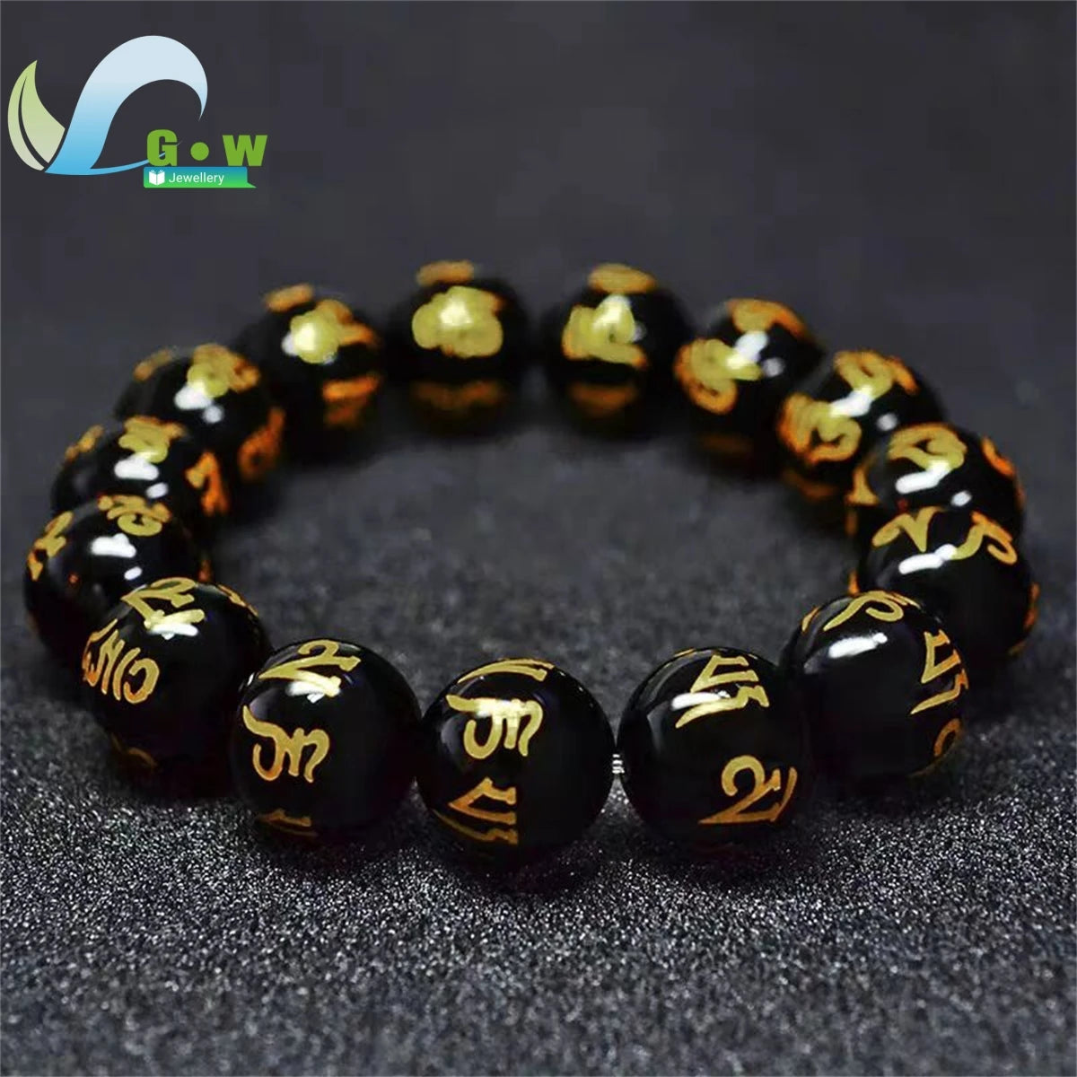 Lucky Natural Black Jade Carved Six-Character Motto Obsidian Transfer Bracelet For Men Women Gift Couple Bracelet Jewelry Gift