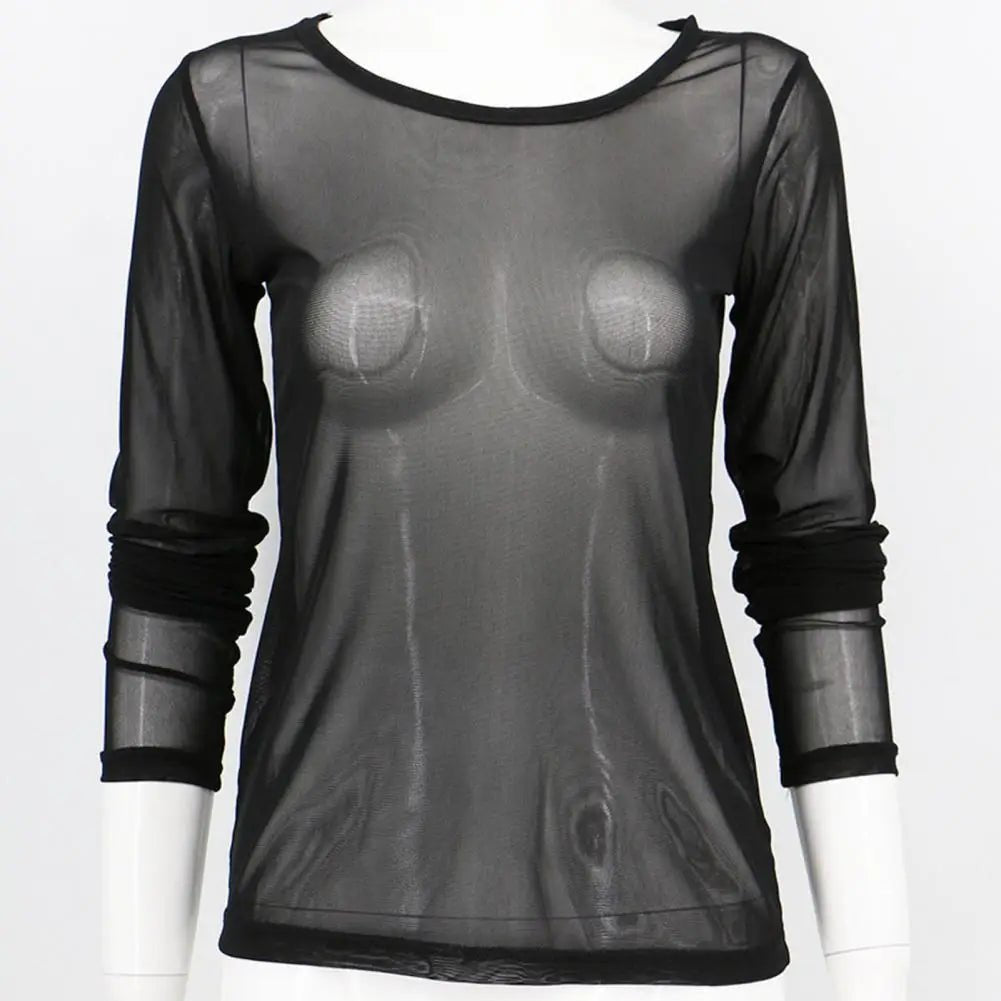 Super-soft Women Top Stylish Women's Sheer Mesh Long Sleeve Top Soft Breathable Round Neck Pullover Slim Fit Punk Beachwear