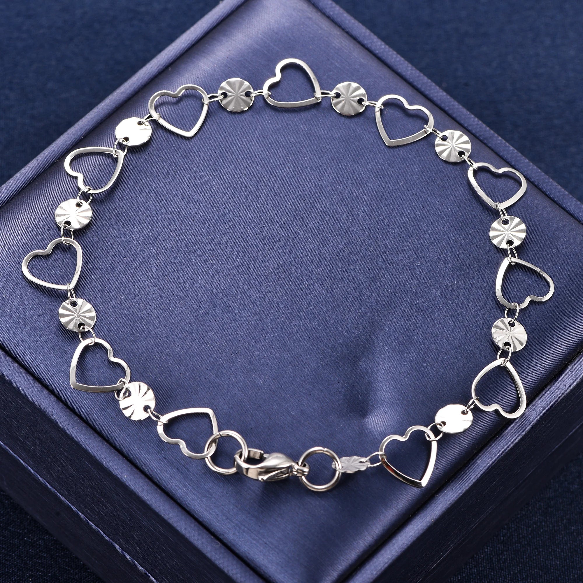 Cute Round Embossed Stainless Steel Heart Bracelet Link Hand Chain for Women Girl Wristband Bangle Anklets Metal Summer Jewelry