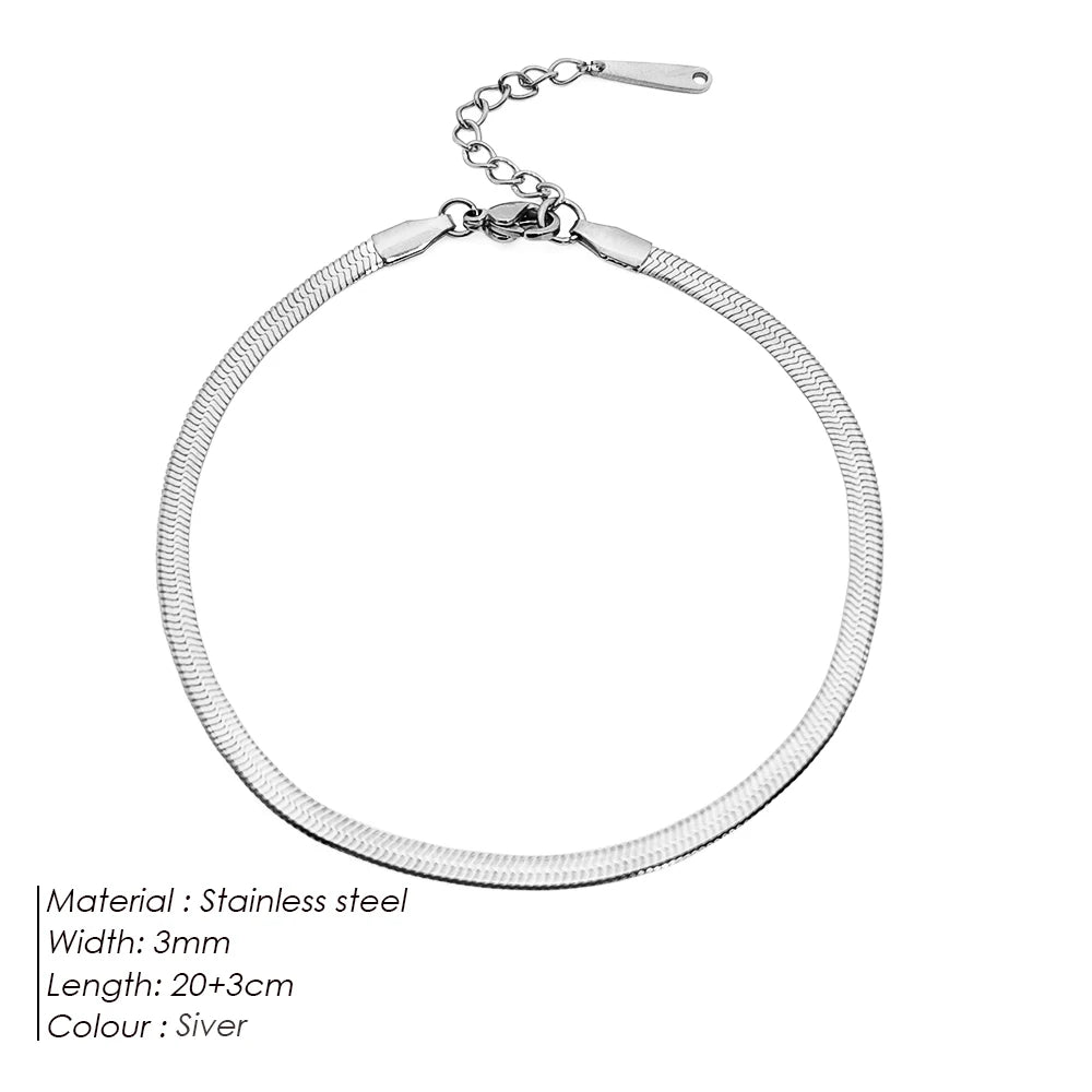 eManco Stainless Steel Flat Snake Chain Anklet 14K Gold Minimalist Ankle Bracelet Women Beach Daily Summer Jewelry Gifts