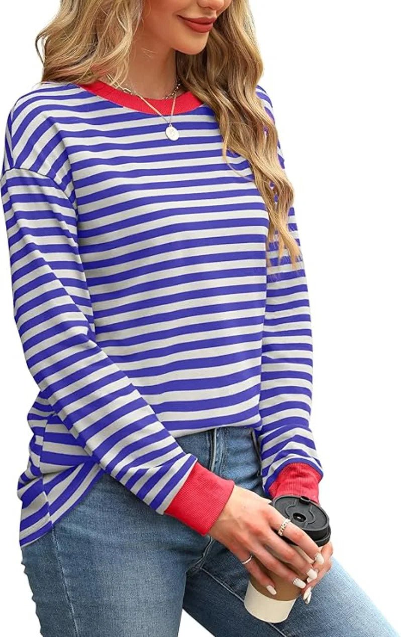 2025 Spring Women's Striped T-shirt Long Sleeve O-neck Color-blocking Fashion Top Versatile College Casual Street Tees