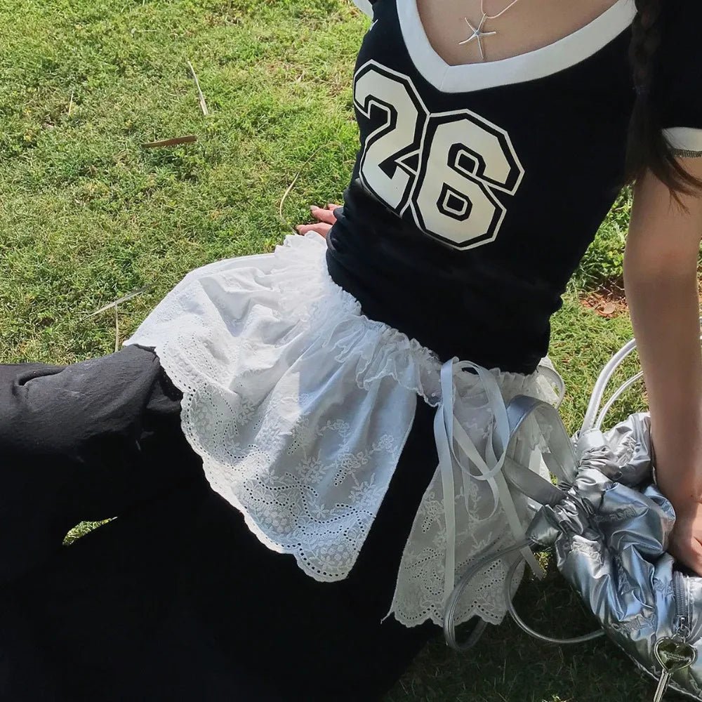 New Embroidered Flower Lace Mini Skirt See Through Y2K Streetwear Ruched Skirts Harajuku Butt Curtain Jeans Decoration
