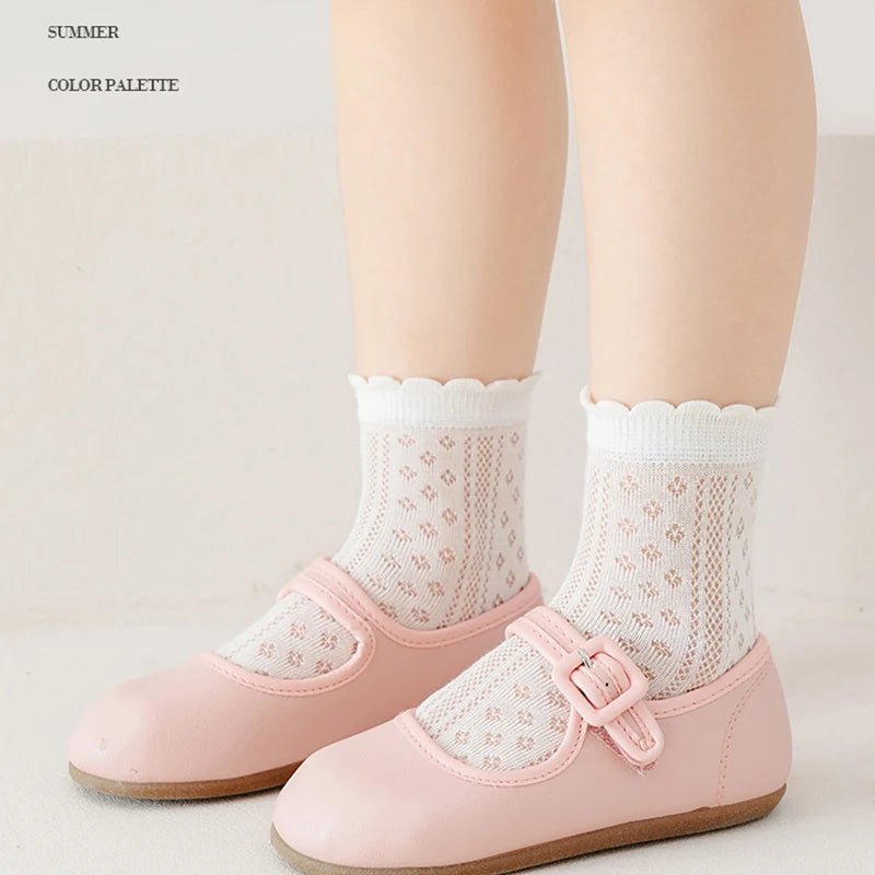 5 Pairs Color Solid Mesh Children Gils Mid-calf Socks Concise Trendy Casual Breathable Cotton Combed Cozy Soft Elastic Kids Sock