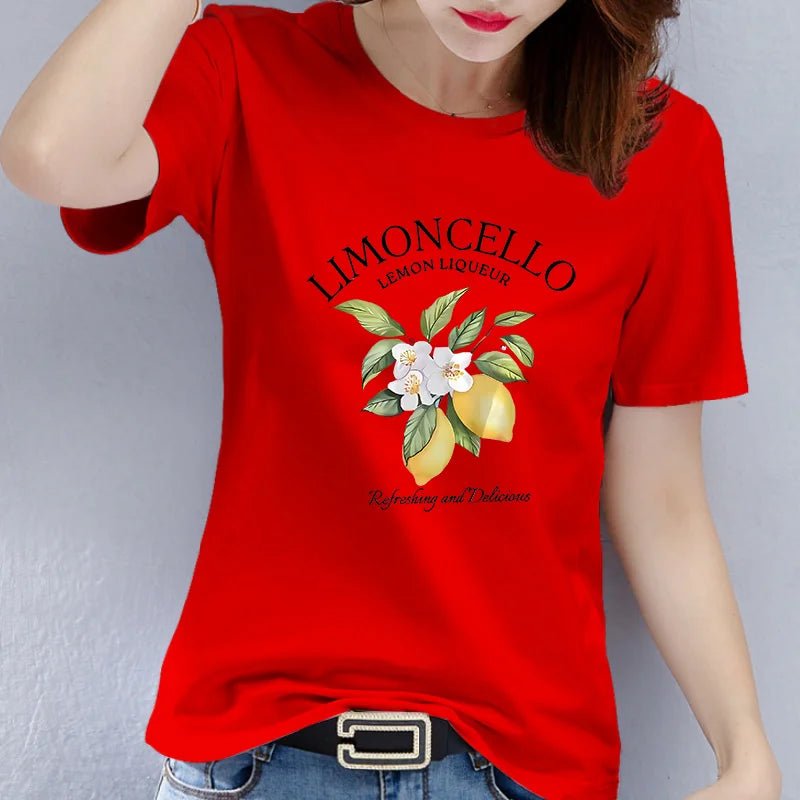 Europe and The United States Summer Short-sleeved Round Neck American Lemon Pattern Printed T-shirt Woman Graphic polyester