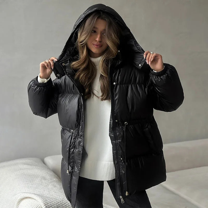 Street Drawstring Detachable Hooded Cotton Coats Women Stand Collar Full Sleeve Lace Up Slim Waist Coat 2025 Winter Warm Outwear