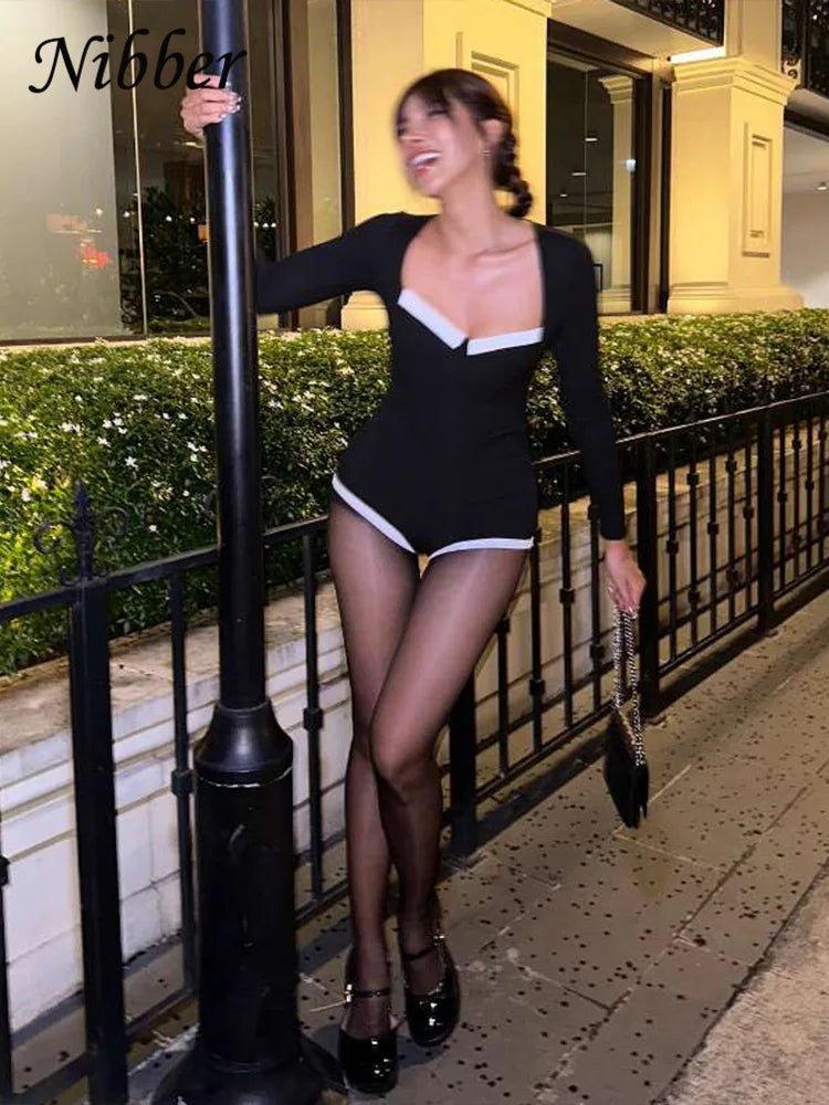 Nibber Concise Patchwork Playsuit Women Autumn Skinny Stretch Square Collar Long Sleeve Romper Female Streetwear Overalls