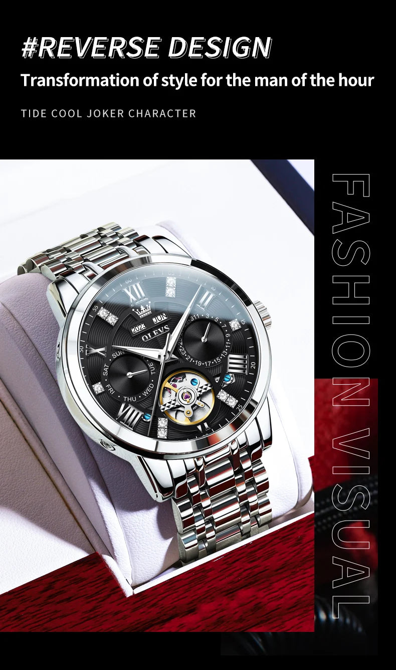 OLEVS montres pour hommes Skeketon volant automatique mécanique montre-bracelet originale pour homme étanche lumineux calendrier perpétuel