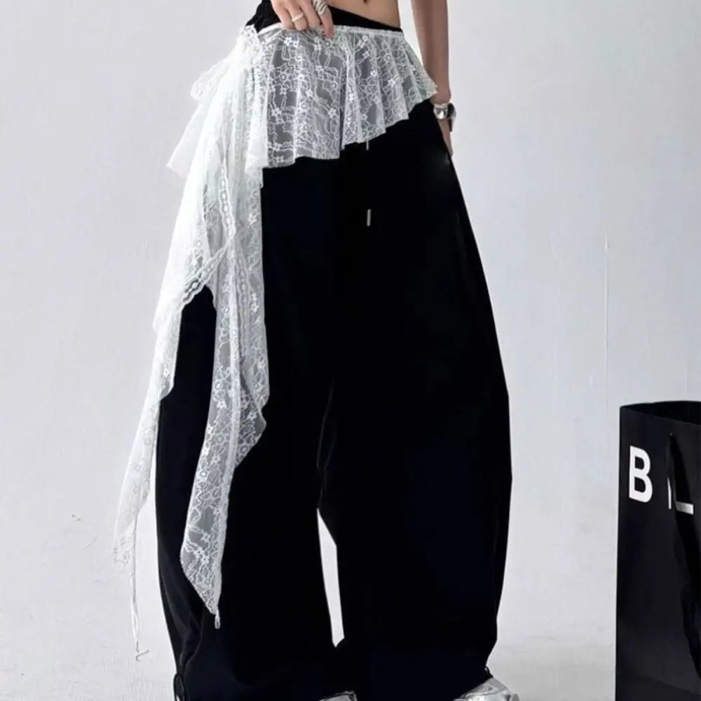 Jeans Pants Decor Embroidered Flower Lace Mini Skirt Irregular See Through Ruched Skirts High Waist Harajuku Pleated Skirts