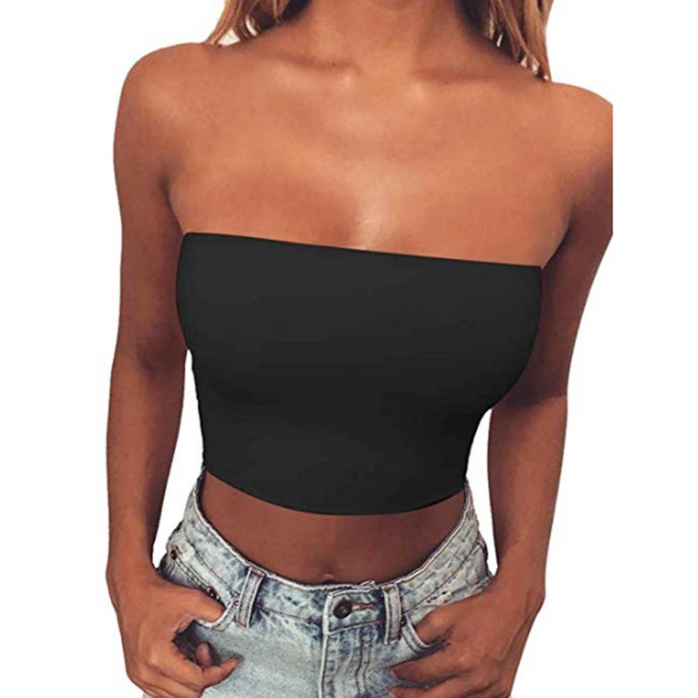 Club Bar Women Sexy Solid Color Vest Strapless Cropped Mini Bustier Slim Elastic Tube Top