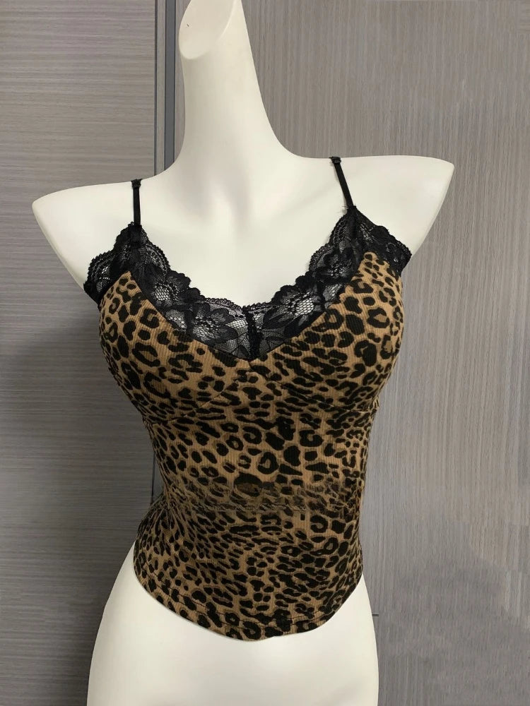 Leopard Lace Patchwork Sexy Camis Summer Y2k Beach Style Elegant Bodycon Korean Fashion Clothing 2000s American Vintage Tanks