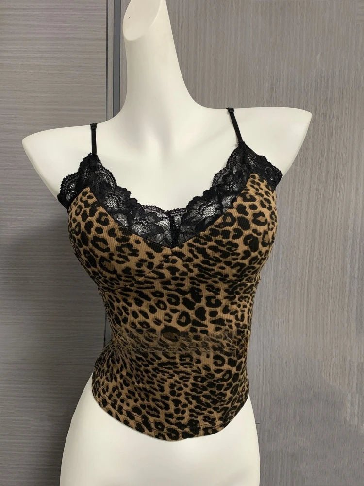 Leopard Lace Patchwork Sexy Camis Summer Y2k Beach Style Elegant Bodycon Korean Fashion Clothing 2000s American Vintage Tanks