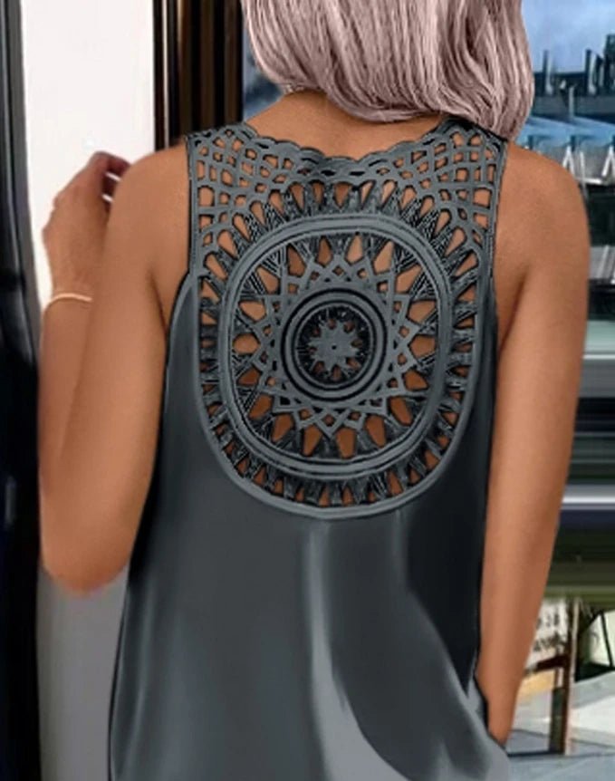 Womens Dresses 2024 Summer Fashion Slit Hollow-Out Casual Plain Round Neck Sleeveless Daily Straight Mid-Calf Dress