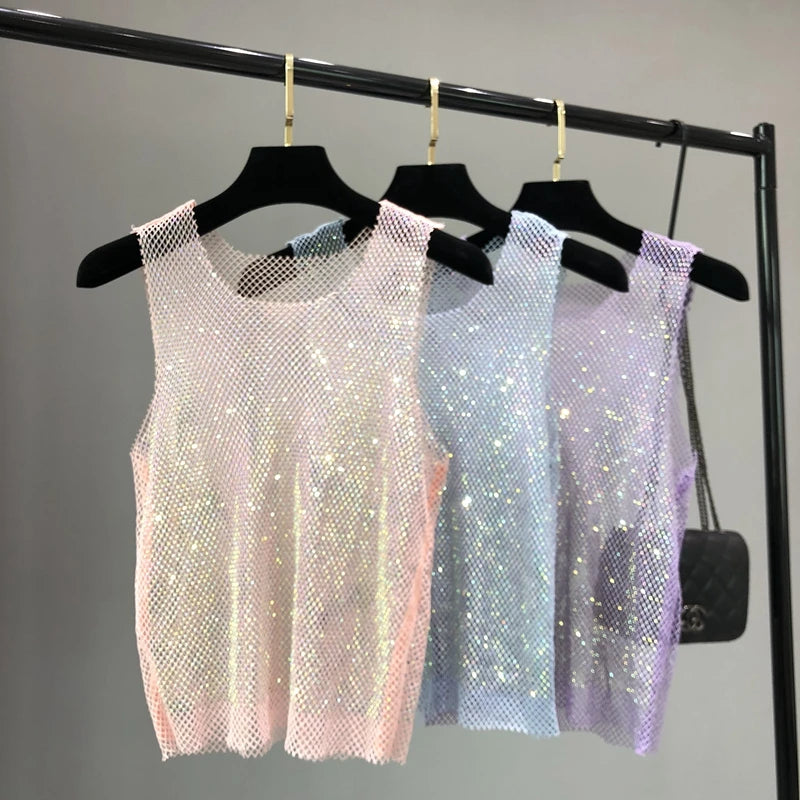 Débardeur brillant avec perles de cristal, Club de fête, Sexy, ajouré, diamants estampage, Camis Winky, gilet sans manches