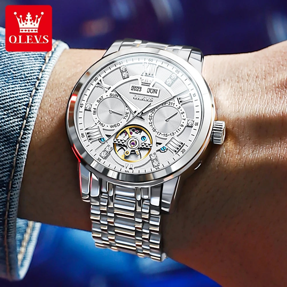 OLEVS montres pour hommes Skeketon volant automatique mécanique montre-bracelet originale pour homme étanche lumineux calendrier perpétuel