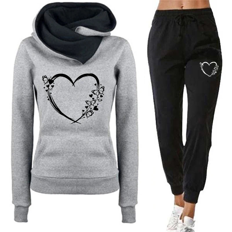 Butterfly Heart Printed Hoodies Sweatpants 2025 Autumn Winter Women's Fashion Tracksuit Home Outdoor Casual Warm Hooded Outfits