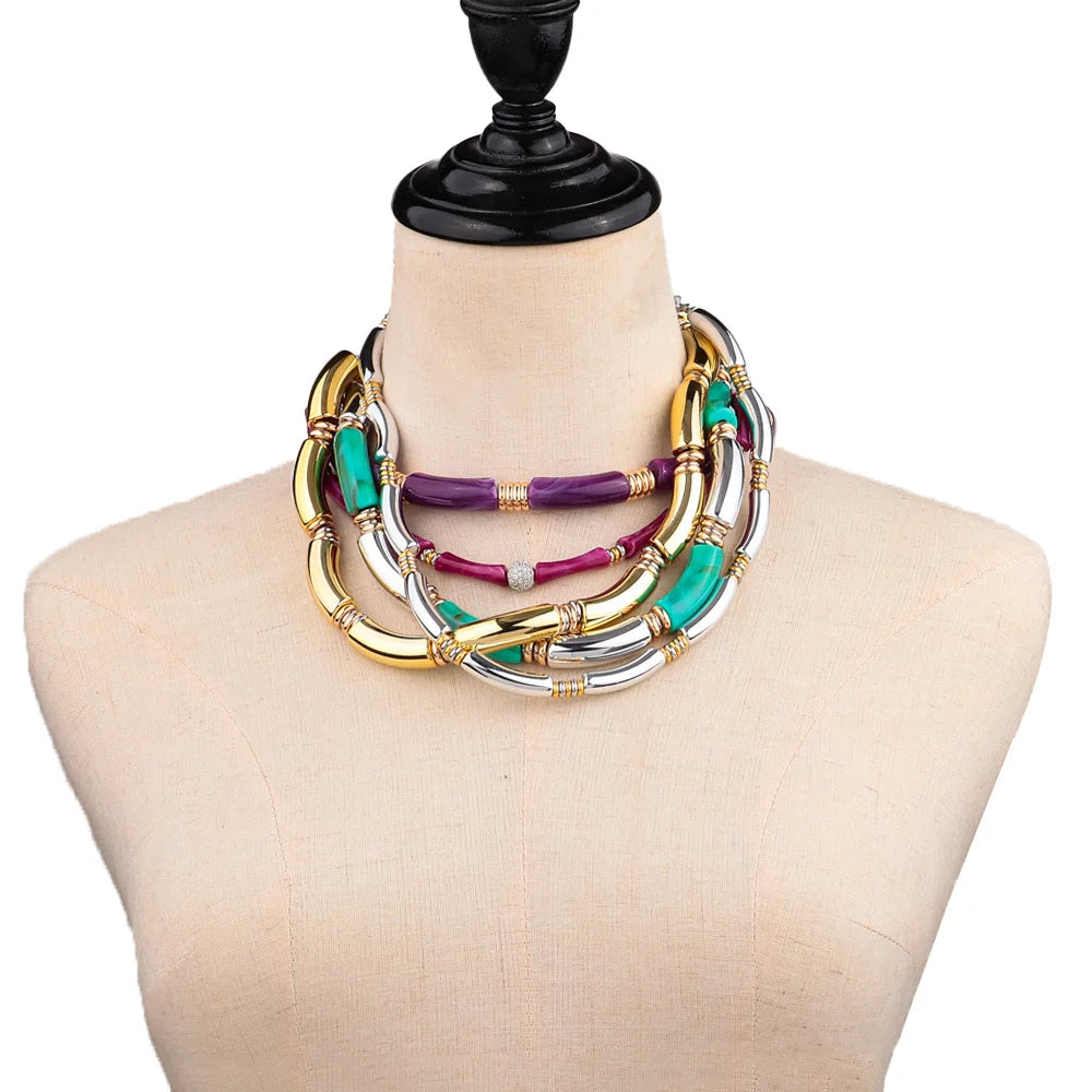 Boho Acrylic Bamboo Curved Tube Stackable Necklaces Bracelet for Women Men HipHop Resin Elbow Beads Choker Necklace 2024 Jewelry