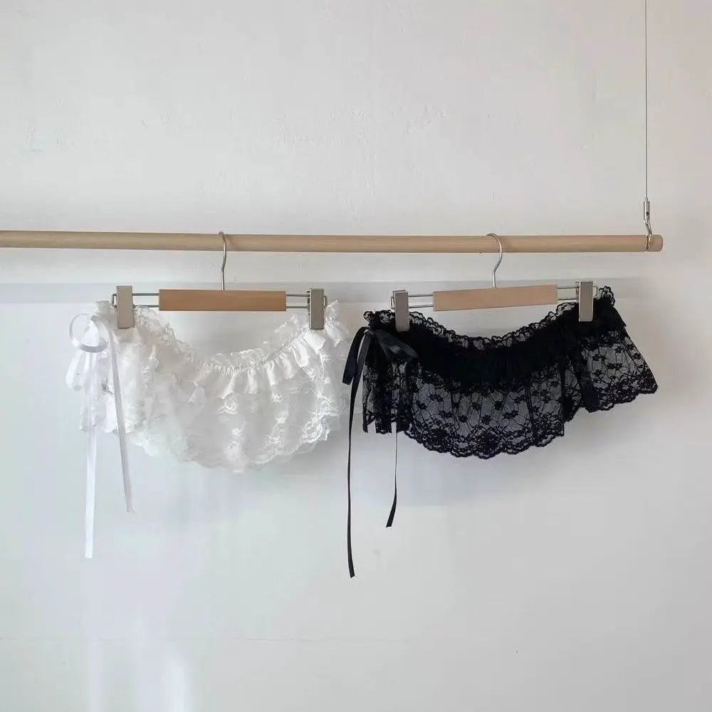 New Embroidered Flower Lace Mini Skirt See Through Y2K Streetwear Ruched Skirts Harajuku Butt Curtain Jeans Decoration